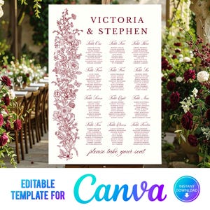May include: A wedding seating chart with the names of Victoria and Stephen. The names are in burgundy script at the top of the cream-colored sign. A floral border runs down the left side. The words "please take your seat" are at the bottom.