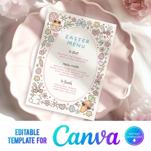 Menú de Pascua editable en Canva, menú de comida de Pascua, menú de primavera, menú de cena, almuerzo de Pascua, plantilla imprimible, Pascua en colores pastel, CE