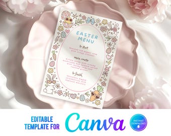 Canva Editable Easter Menu, Easter food Menu, Spring Menu, Dinner party Menu, Easter Lunch, Printable Template, Pastel Easter, CE
