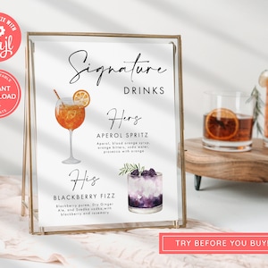 Signature Cocktail Sign, Wedding Drink Sign, Bar Menu, Specialty Cocktail Sign, Wedding Cocktail, His And Hers Signature, Watercolour