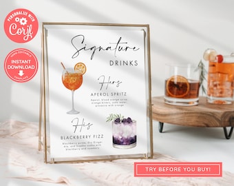 Signature Cocktail Sign, Wedding Drink Sign, Bar Menu, Specialty Cocktail Sign, Wedding Cocktail, His And Hers Signature, Watercolour