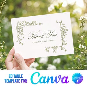Carte de remerciement toile verdure mariage, mariage floral, fleurs sauvages, mariage élégant, modèle, vert sauge, dessiné à la main, merci CF
