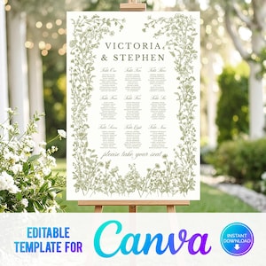 Canva groen bruiloft zitplaatsen, tafelplattegrond bloemen, wilde bloemen, sjabloon elegante bruiloft, saliegroen, handgetekend, groen en crème, CF