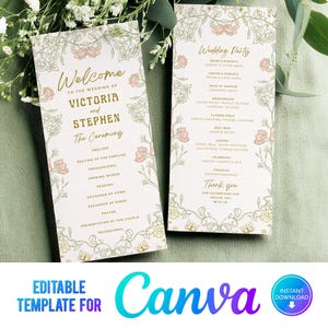 Puede incluir: Dos programas de ceremonia de boda con diseños florales. Los programas son de color crema con texto dorado y detalles florales rosas y verdes. El texto incluye "Bienvenida", "Victoria y Stephen" y "La Ceremonia".