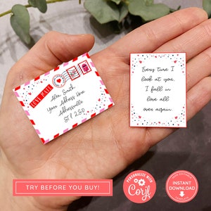 Mini nota de amor imprimible con sobre, carta de amor, regalo del día de San Valentín, correo de Cupido, carta de amor imprimible, cupones de amor, mini carta