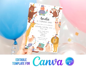 Invitación de cumpleaños de animales de Canva para imprimir en casa, cumpleaños de animales, animales coloridos, animales de safari, animales del zoológico, plantilla de invitación