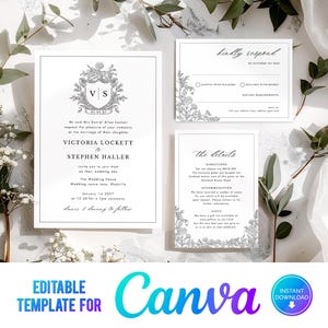 May include: Elegant wedding invitation suite with a floral crest and the names Victoria Lockett and Stephen Haller. Includes RSVP and details cards. The design is in black and white with the text "Editable Template for Canva".