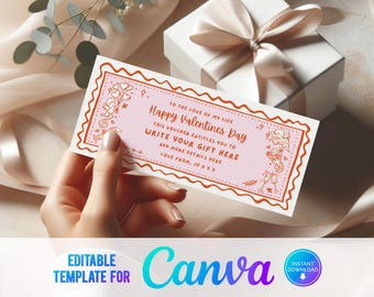 Canva Editable Valentines Day Voucher, Print at Home Valentines Ticket, Digital Gift Voucher, Surprise Ticket, Pink Birthday, Gift Coupon