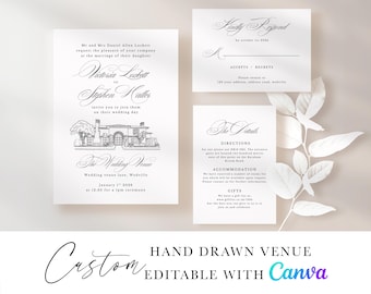 Hand Drawn Wedding Venue Sketch Invitation: Editable Canva Template