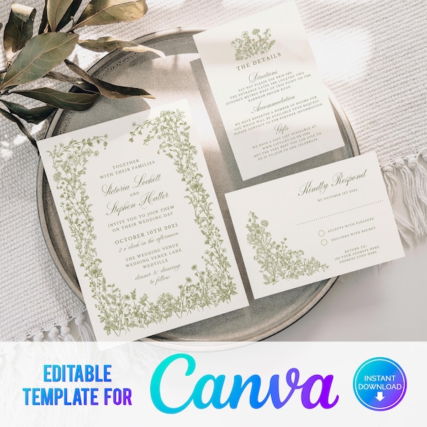 Canva Greenery Wedding Invitation, Floral Wedding Invite, Woodland Flowers, Elegant Wedding Invite Template, Sage Green, Hand Drawn, CF