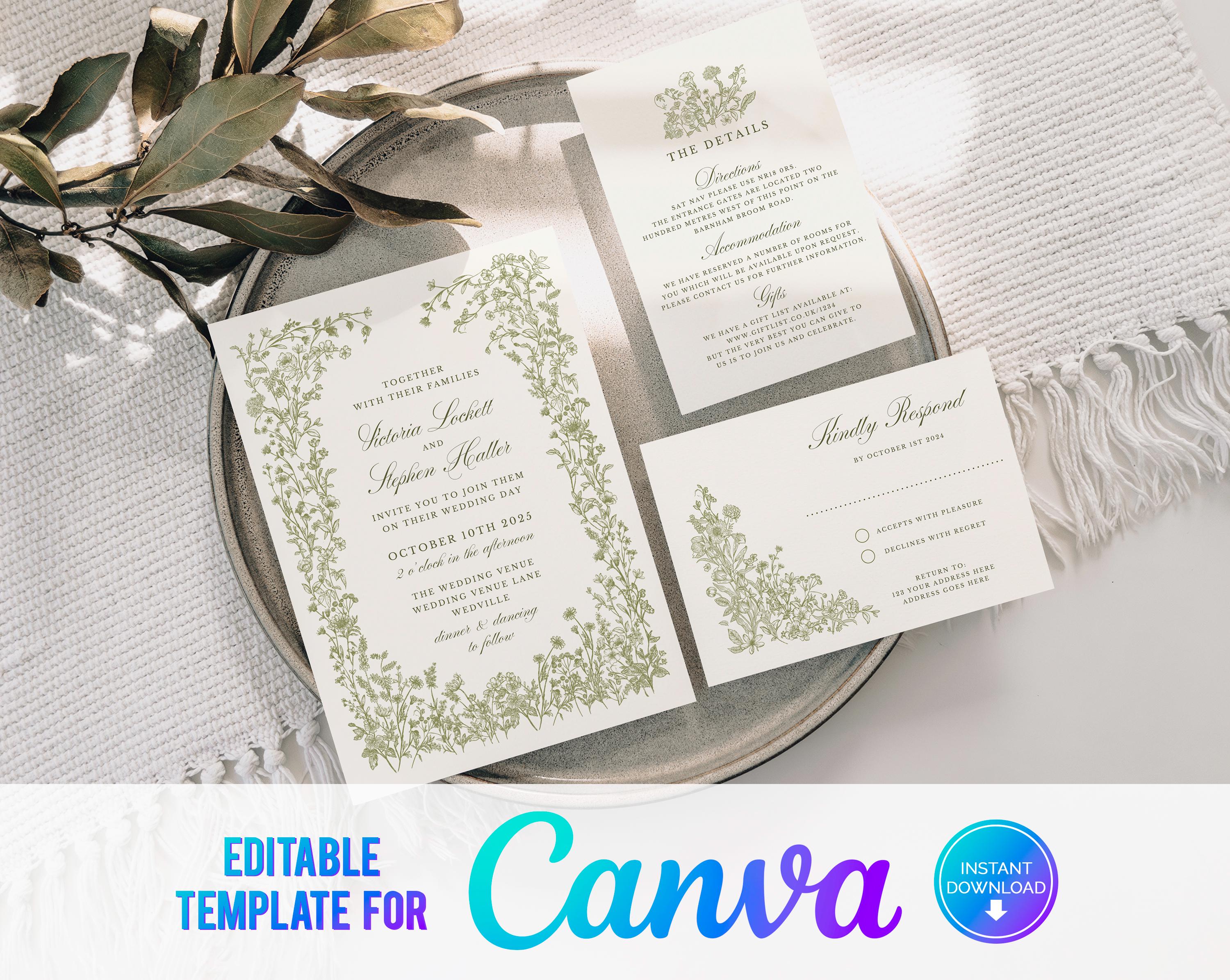 Canva Greenery Wedding Invitation, Floral Wedding Invite, Woodland Flowers, Elegant Wedding Invite Template, Sage Green, Hand Drawn, CF