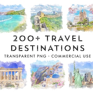 Destinations de voyage pour mariage, numéros de table de voyage, plan de table de voyage, clipart destinations aquarelle, clipart villes, ville aquarelle