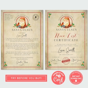 Descarga instantánea de carta de Santa editable y certificado de lista agradable, carta personalizada vintage de Santa, plantilla imprimible Carta de Santa