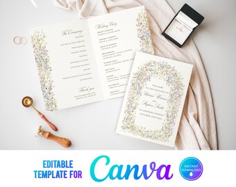 May include: Wedding stationery set featuring floral designs. Includes a wedding program, welcome sign, and a folded card. The program and welcome sign have floral borders. A ring box, wax seal, and wedding rings are also visible.