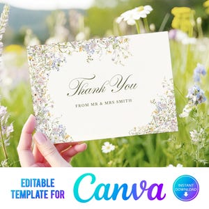 Canva Wildblumen Hochzeit Dankeskarte, Blumenhochzeit, Pastellblumen, Garten Sommerhochzeit, Vorlage, Dankeschön Postkarte Vorlage, WM