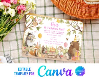 Puede incluir: Una invitación de cumpleaños con el texto "¡Elsie cumple un año!" presenta ilustraciones en acuarela de animales del bosque, incluyendo un oso, un zorro y un búho. La invitación incluye detalles del evento y es una plantilla de Canva.