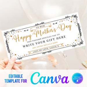 Bon modifiable Canva pour la fête des mères, billet à imprimer à la maison, bon cadeau numérique, cadeau pour maman, anniversaire de maman, bon cadeau imprimable, dernière minute
