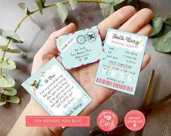 Printable Mini Tooth Fairy Set Blue with envelope, receipt and fairy letter, Instant Download and fully editable tooth fairy set