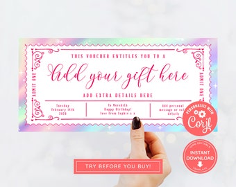 Editable Event Ticket, Print at home Birthday Voucher, Digital Gift Voucher, Surprise Ticket, Printable Voucher for children, feminine gift