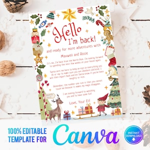 Carta de elfo editable de Canva con el mensaje "Hola, he vuelto", saludos de tu elfo, saludos de elfo navideño, bienvenida, plantilla imprimible de adopción, descarga