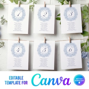 Canva blauw gebladerte bruiloft tafelkaart, plattegrond hangende tafel, bosbloemen, elegante bruiloft sjabloon, stoffig blauw, handgetekend, CB