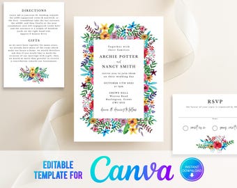 Canva Colourful Flowers Wedding Invitation, Floral Wedding Invite,  Colorful floral, Bright Flowers, Modern Wedding Invitation Template BL