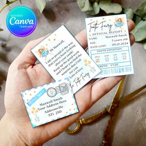 Set de mini hada de los dientes imprimible azul con sobre, recibo y carta de hada, descarga instantánea y conjunto de hada de los dientes totalmente editable