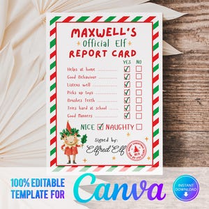 Informe de elfo editable en Canva, informe oficial de elfo, elfo navideño, imprimible, informe oficial personalizado, Polo Norte, plantilla