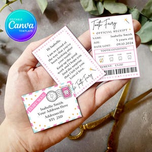 Juego de cartas, recibos y sobres del Hada de los Dientes para imprimir en casa, texto personalizable, descarga instantánea editable, tamaño A4 y carta de EE. UU., color rosa