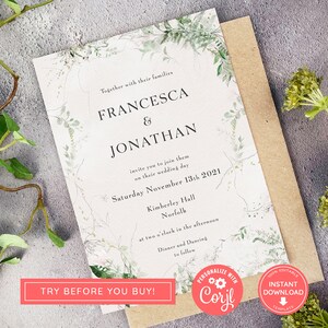 Könnte beinhalten: Eine Hochzeitseinladung mit einem grünen Aquarelldesign aus Blättern. Die Einladung lautet "Gemeinsam mit ihren Familien laden Francesca & Jonathan Sie zu ihrer Hochzeit am Samstag, den 13. November 2021, in der Kimberley Hall, Norfolk, um 14:00 Uhr ein. Abendessen und Tanz folgen." Die Einladung enthält auch den Text "Probieren Sie es vor dem Kauf aus!" und "Personalisieren Sie mit Corjl".