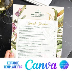 Diseño de menú de restaurante, menú con vegetación, follaje, menú floral, plantilla editable, plantilla de Canva, menú de cafetería, menú de cócteles de bar