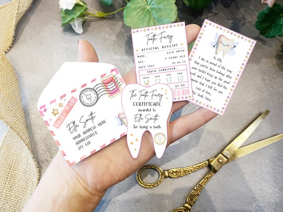 Canva, Printable Mini Tooth Fairy Set Pink with envelope, receipt and fairy letter, Instant Download and fully editable tooth fairy set
