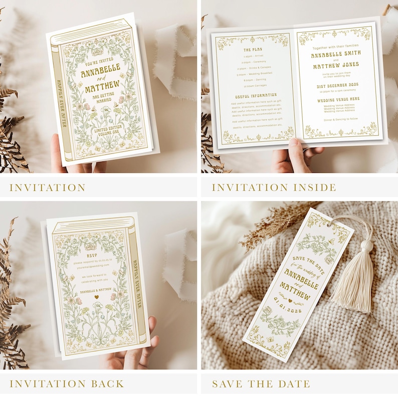 May include: A collection of wedding stationery featuring a book-shaped invitation, an invitation interior, an invitation back, and a save-the-date bookmark. The designs include floral accents and the names Annabelle and Matthew.