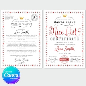 Download instantâneo de carta editável do Papai Noel e certificado de lista de simpáticos, carta personalizada do Papai Noel, modelo Canva para impressão de carta do Papai Noel