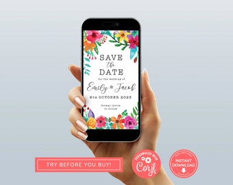 Colourful Phone Save The Date, Electronic Template, Save The Date Ecard, Electronic Save the Date, Evite, Colorful Flowers Bright Floral, CF