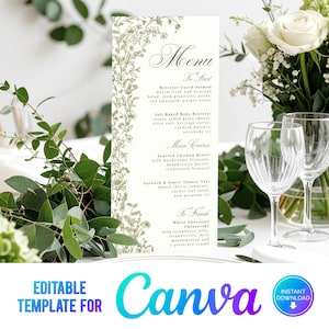 Menú de boda con vegetación en Canva, menú floral para boda, flores silvestres, boda elegante, plantilla, verde salvia, dibujado a mano, menú de comida (DL, 4x9, CF)