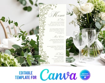 Canva Greenery Wedding Menu, Floral Wedding Menu, WildFlowers, Elegant Wedding, Template, Sage Green, Hand Drawn, Food Menu DL, 4X9, CF