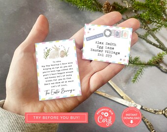 Op de afbeelding: Afdrukbare paaseitje-mailtag met een schattige konijnenillustratie en de tekst "To Alex Hip Hop Hooray! I have been keeping an eye on you and you've been egg-cellent this year! I have hopped around and hidden lots of tasty treats for you to find. Don't eat them all at once! Lot's of love, The Easter Bunny x". De tag bevat ook een ruimte voor het adres van de ontvanger.