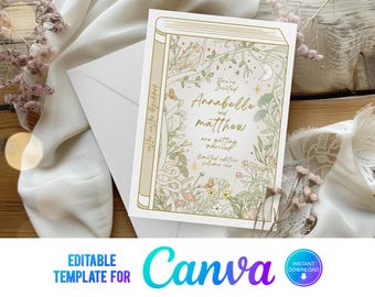 Canva ブックカバー ウェディング招待状、末永く幸せに、ラブストーリー、ブックウェディング、編集可能なテンプレート、ウェディングブック招待状、エンチャンテッドガーデン