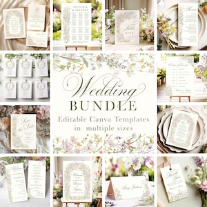 Canva wilde bloemen bruiloft uitnodigingsbundel, bloemen bruiloft, zomerbloemen, elegante sjabloon, pastel, tuin bruiloft, bruiloft bundel set WM