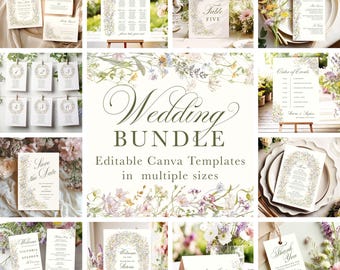 Paquete de invitaciones de boda con flores silvestres de Canva, boda floral, flores de verano, plantilla elegante, pastel, boda en el jardín, paquete de boda WM