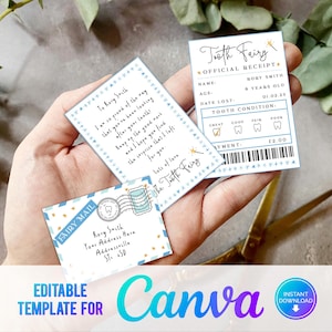Canva, Mini set de hada de los dientes para imprimir en azul con sobre, recibo y carta de hada, descarga instantánea y set de hada de los dientes totalmente editable