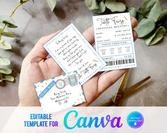 Canva, Printable Mini Tooth Fairy Set Blue with envelope, receipt and fairy letter, Instant Download and fully editable tooth fairy set