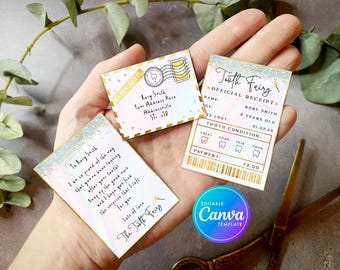 Printable Mini Tooth Fairy Set Glitter Holographic with envelope, receipt and fairy letter, Instant Download, fully editable tooth fairy set