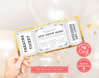 May include: Editable gold and white printable theatre ticket template with the text "Add Show Here" and "Admit One". The ticket is personalized with the text "To Melanie Happy Birthday Love From Jimmy XX" and "Saturday October 1st 2023" and "At The Regent Theatre".