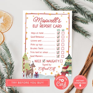 Boleta de calificaciones de elfos editable, Informe oficial de elfos, Elfo de Navidad, Imprimible, Boleta de calificaciones oficial personalizada, Polo Norte, Plantilla imprimible