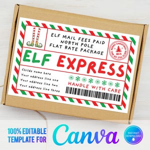 Etiqueta de Elf Express editable de Canva, Elf Mail, plantilla de entrega al Polo Norte, etiqueta de caja de Elf, etiqueta de envío, caja de llegada de Elf, descarga instantánea