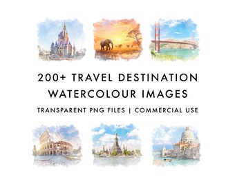 May include: Watercolor images of travel destinations, including a castle, elephants at sunset, and the Golden Gate Bridge. The text reads "200+ TRAVEL DESTINATION WATERCOLOUR IMAGES" and "TRANSPARENT PNG FILES | COMMERCIAL USE".