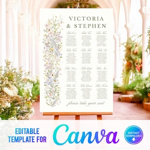 Canva pastel wilde bloemen bruiloft zitplaatsen tabel bloemen tafelplan elegante bruiloft sjabloon zomertuin wilde bloemen elegante WM