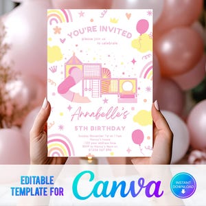 Faire-part de fête d'anniversaire doux, invitation d'anniversaire rose, jeu d'intérieur, magique, fête entre filles arc-en-ciel, invitation à la salle de sport jungle, imprimable
